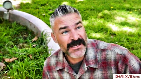 Charles Dera stares at Scarlett Alexis' exposed pussy in outdoor flirt