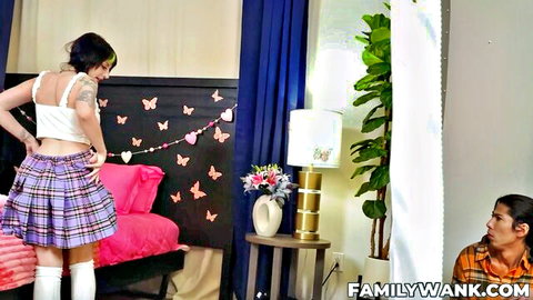 Tattooed Kitty Cam in plaid skirt seducing stepbrother