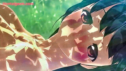 Busty anime hentai babe with huge tits and perky nipples gazing seductively through sunlit leaves