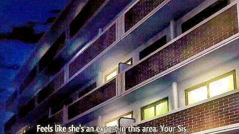 Hentai anime scene of nighttime apartment with sister expert text overlay