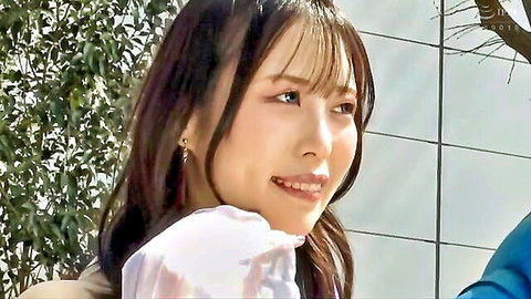 Cute Asian woman with long black hair smiling in white off-shoulder blouse outdoors