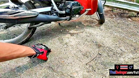 Amateur Asian teen GF near red scooter with boyfriend's gloved hand