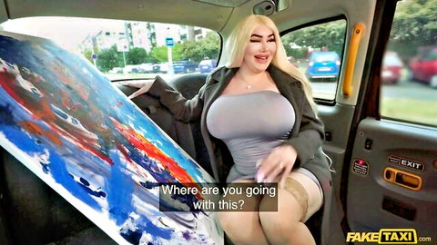 Bibi Bugatti's busty blonde in low-cut top and stockings in Fake Taxi