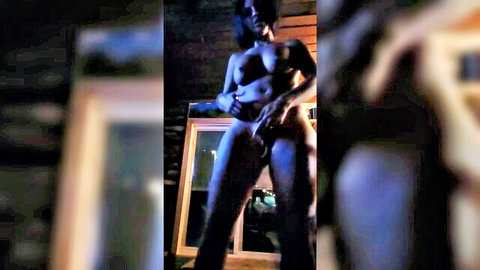 Nude ebony LaurenTheGaQueen posing confidently in mirror, curvy body