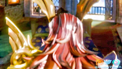 Red-haired fantasy angel woman from behind with golden wings in elegant attire