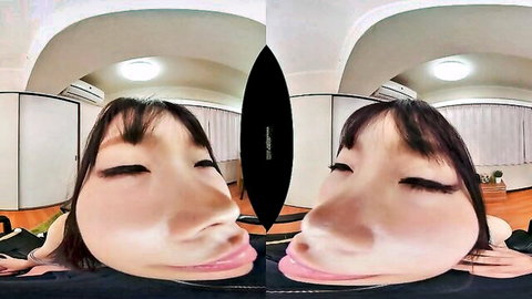 Distorted VR POV close-up of sexy Japanese babe's big lips and eyes teasing sensually