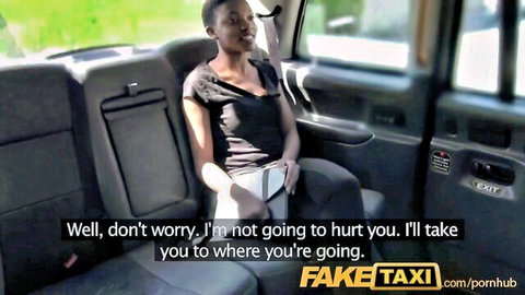 Ebony woman in black top sits smiling in Fake Taxi backseat during ride