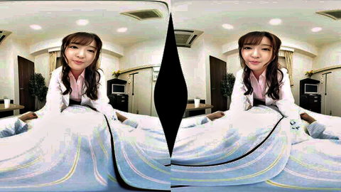 Smiling Asian woman in white kimono sitting on bed, VR 3D view