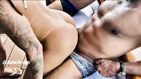 Tattooed bull spreads hotwife's big naked ass on boat deck while cuckold watches with cock out