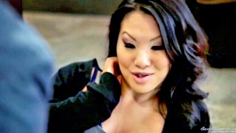Asa Akira in seductive after-hours tease, exotic Asian beauty with dark hair and cleavage