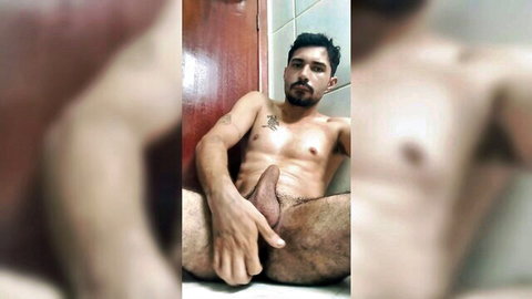 Hairy bearded Latino man solo masturbation, first time anal tease