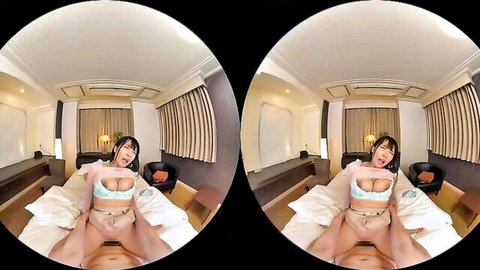 Japanese brunette MILF with big tits spreads legs exposing shaved pussy in seductive VR POV