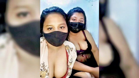 Mehbuba curvy Indian babe in floral top and lingerie, topless tease with friend, big tits POV