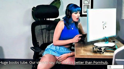 Blue haired geek girl with huge tits in short skirt and top, Girlsway lesbian tease