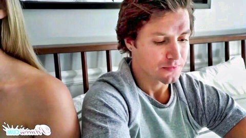Blonde step-sister intimate moment with step-brother on bed, creampie tease