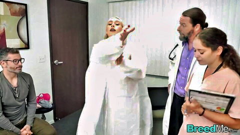 Blonde in open lab coat teases doctor and nurse while cuckold husband watches in medical office
