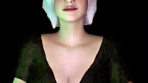 3D CGI white-haired babe teasing massive tits in deep black cleavage top