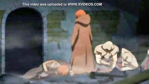 Hentai scene from Kaifuku no Yuusha with robed redhead mage over fallen armored knights