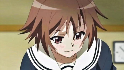 Cute anime schoolgirl with short brown hair blushing in sailor uniform