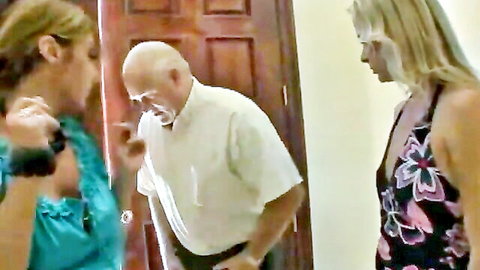 Two busty blondes in tight dresses tease bald older man at door for rough sex