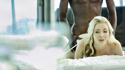 Skinny blonde babe with small tits nude under muscular black stud in interracial fuck position