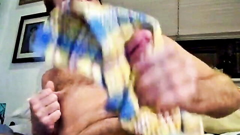 Hairyartist in open plaid shirt using pink toy for cumrag JO session