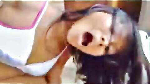 Asian beauty with long dark hair gapes mouth wide in ecstasy during intense rough blowjob