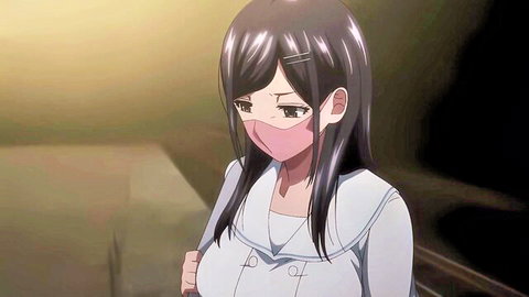 Stern anime schoolgirl in tight white sailor uniform and pink face mask standing seductively