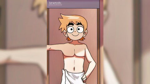 Anime twink boy shirtless in white towel, smiling in doorway