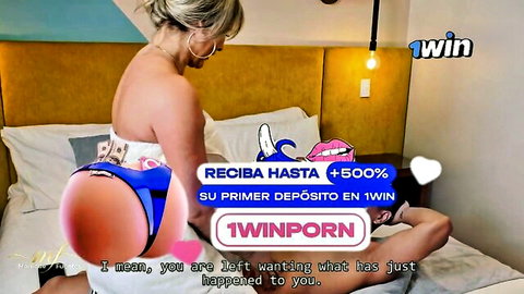 Blonde with massive juicy ass in blue thong bending over bed teasing pussy view