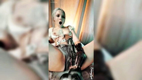 Petite blonde with big tits spreads legs wide fucking tight pussy with huge black dildo solo