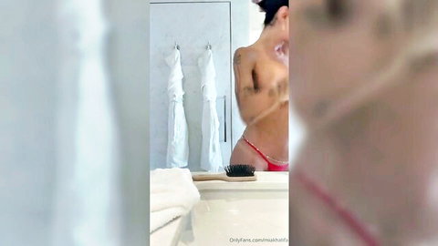 Mia Khalifa topless in red thong POV post-douche bathroom tease