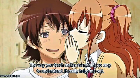 Anime step-sister whispering intimately to brother in school uniforms