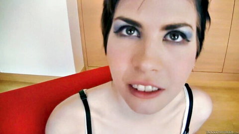 Nataly in black bra, short-haired European beauty with bold makeup, teasing POV close-up