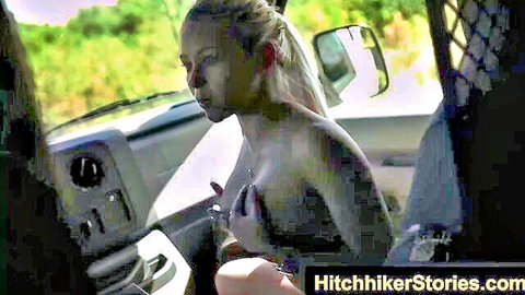 Skinny blonde hitchhiker exposes small perky tits topless in truck passenger seat outdoors