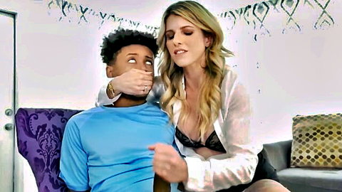 Blonde big tit MILF teases black stepson by covering his mouth