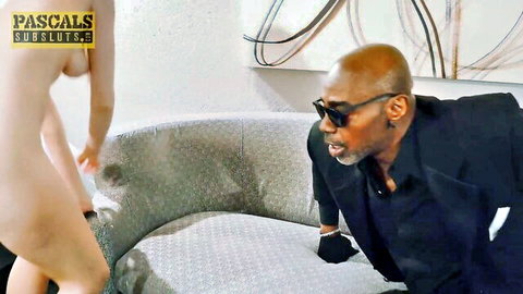 Pale Ashley Lane nude over suited BBC man in interracial scene