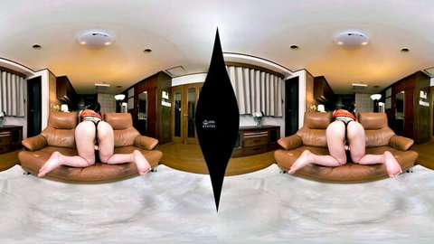 Asian woman in black lingerie exposing big ass on couch VR POV