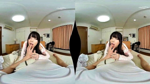 Seductive Asian skinny woman in pink top on bed, VR hot solo pose