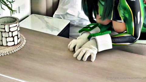 Sweetie Fox in Momo cosplay with exposed tits leaning forward