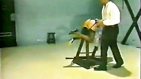 Bound skinny teen bent over for brutal lashing by dominant man