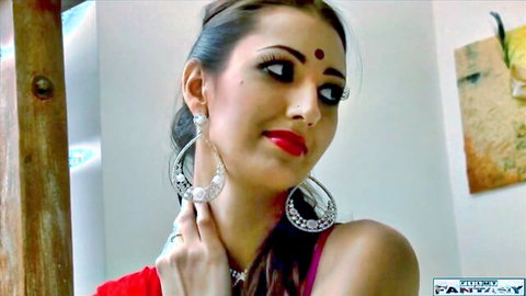 Roop Tera in seductive red saree, Indian brunette beauty with bold makeup