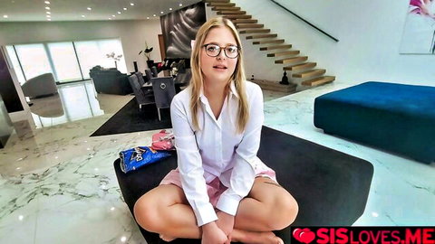Blonde stepsister in white blouse and pink skirt spreads legs teasingly