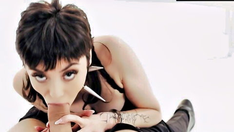 Catherine Knight in black lingerie teasing blowjob pose