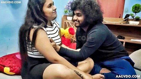Indian chubby amateur girl in striped top and skirt with curly-haired partner