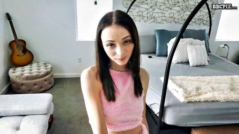 Cute brunette stepsis in pink fuzzy top, teasing for BBC obsession