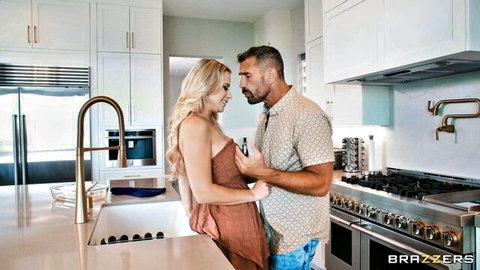 Blonde in red dress embraces sister's hubby intimately