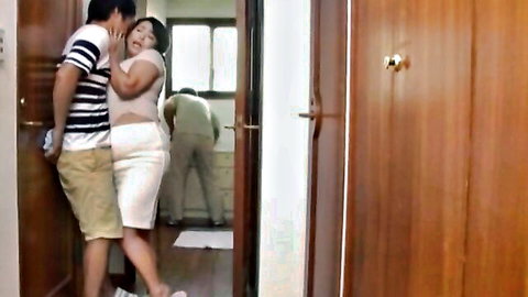 Asian MILF with big ass hugged from behind by man, voyeur watching