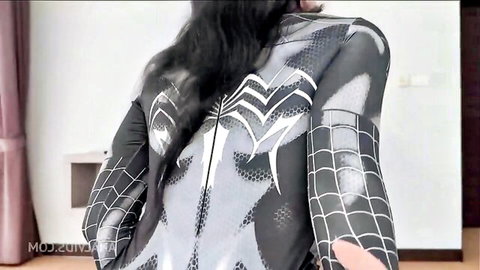 Sexy Spider-Woman in tight symbiote suit, long black hair, curvy ass view