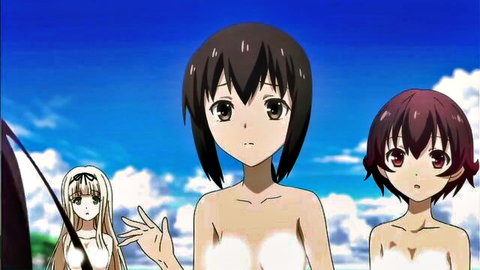 Three busty anime girls exposing censored tits outdoors under blue sky